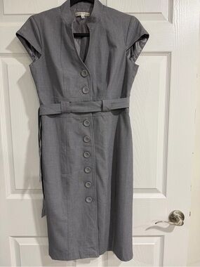 Sandra Darren Gray Button-Front Midi Dress with Belt